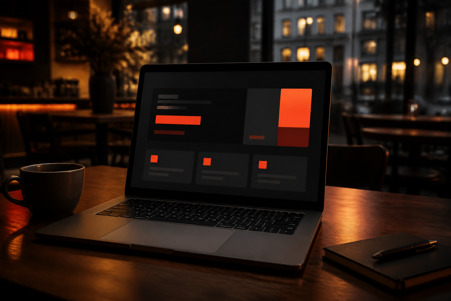 Dark analytics dashboard on a laptop in an evening café